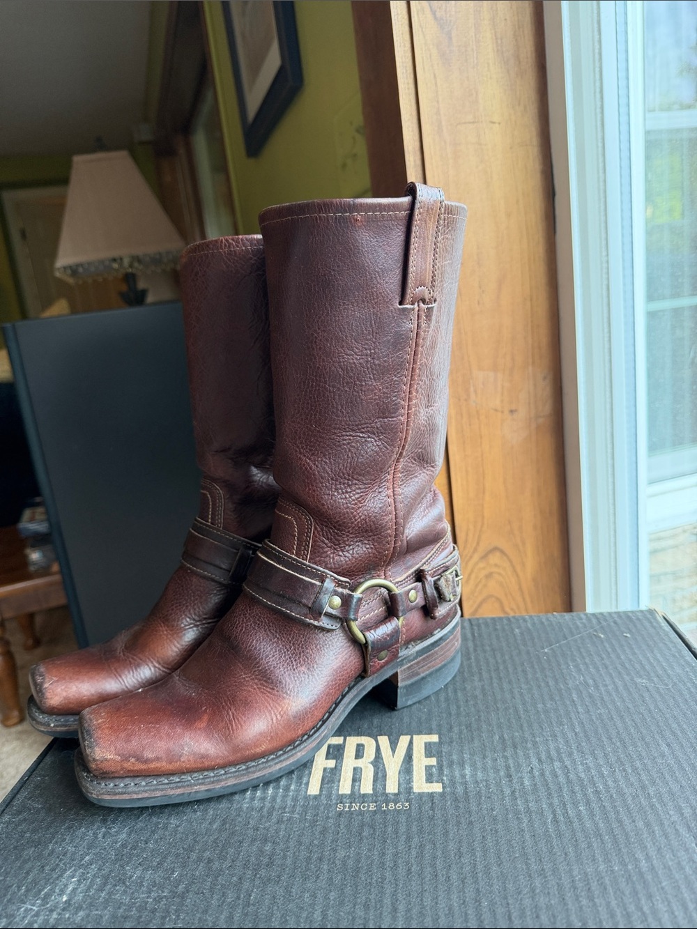 Frye Brown Leather Harness Mid-Calf Boots with Brass Ring